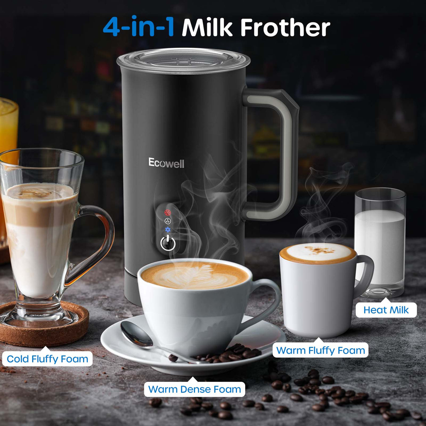 Instant Milk Frother , 4-in-1 Electric Milk Steamer Black - Hot or Cold Foam