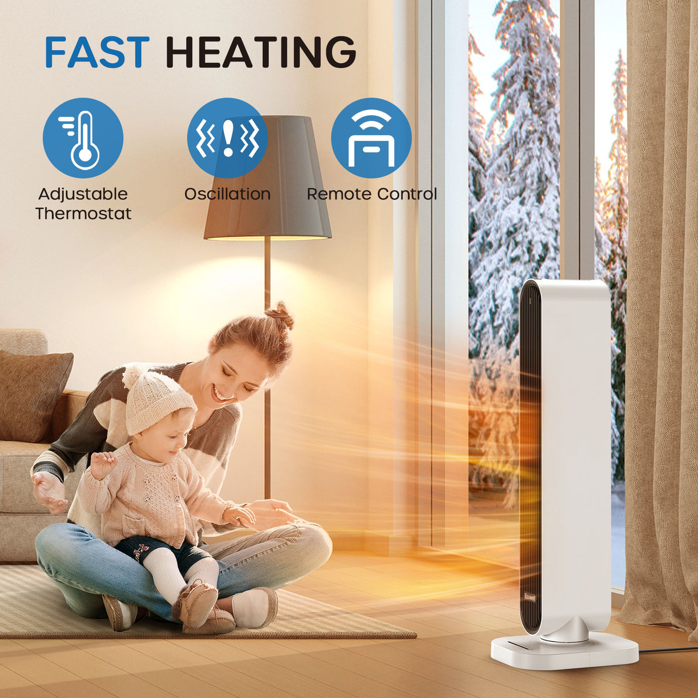 Tower Fan Air Purifier Fan Heater Combo ECOWELL- Electric Tower