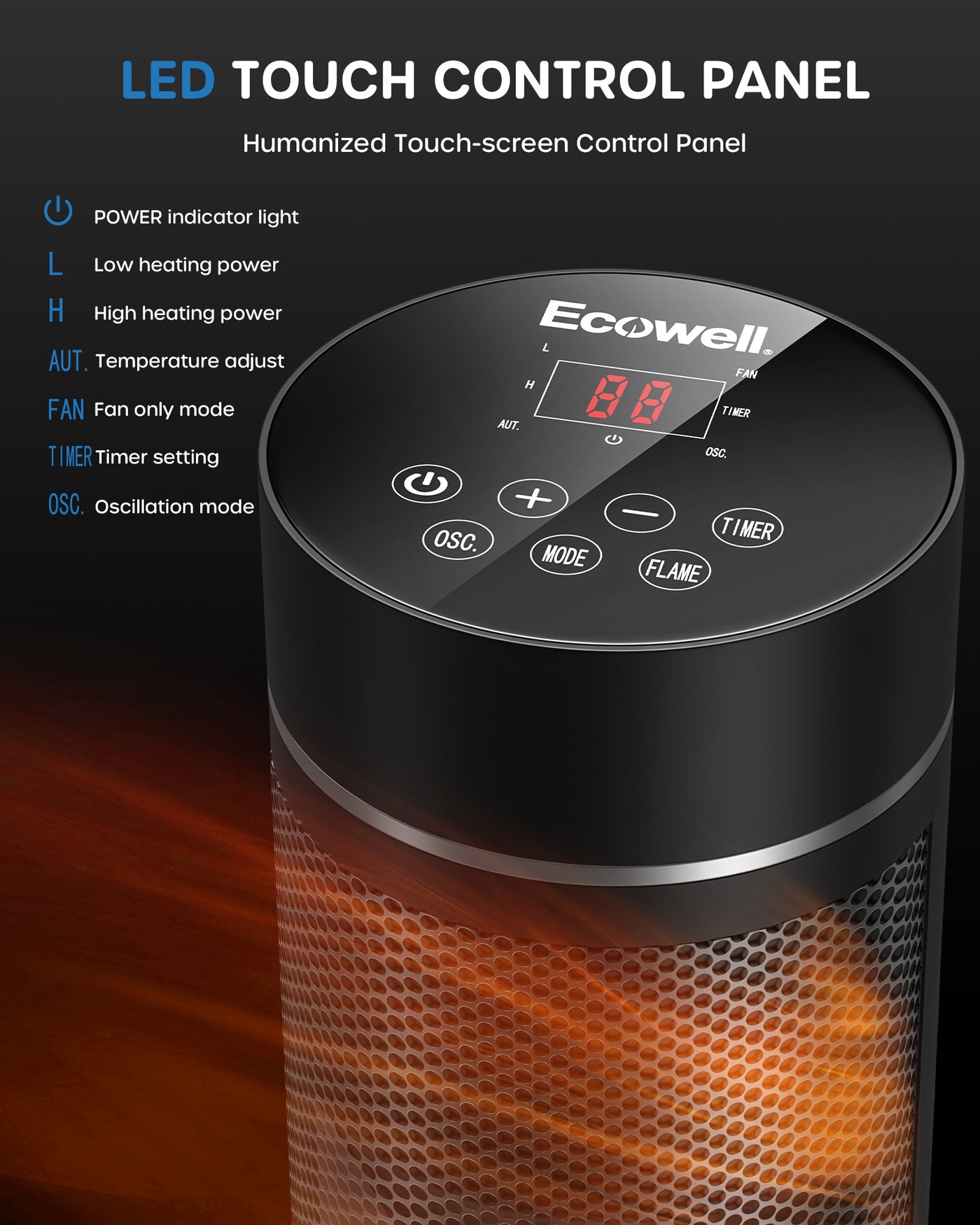 
ECOWELL- 33" Torenkachel 3D vlammenscherm met afstandsbediening.