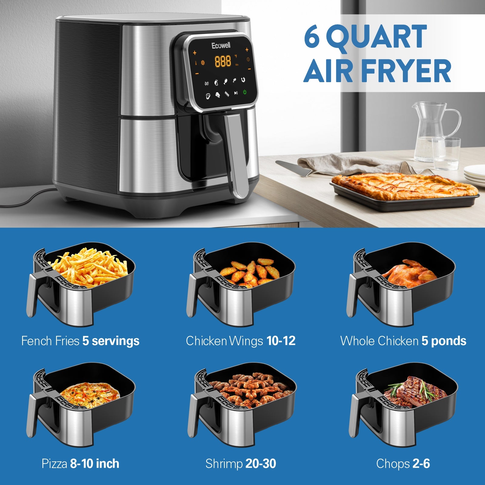 ECOWELL 6 Quart Stainless Steel Air Fryer W/ Digital Touch Screen – Ecowell  Products Store