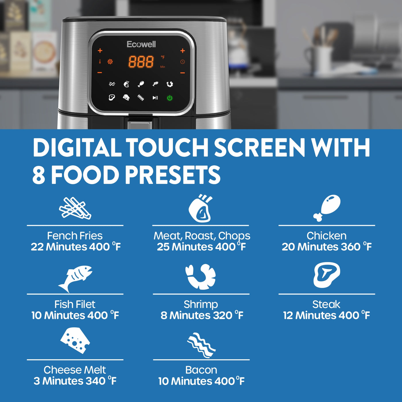 ECOWELL - 6-kwart Roestvrijstalen air fryer met digitaal touchscreen